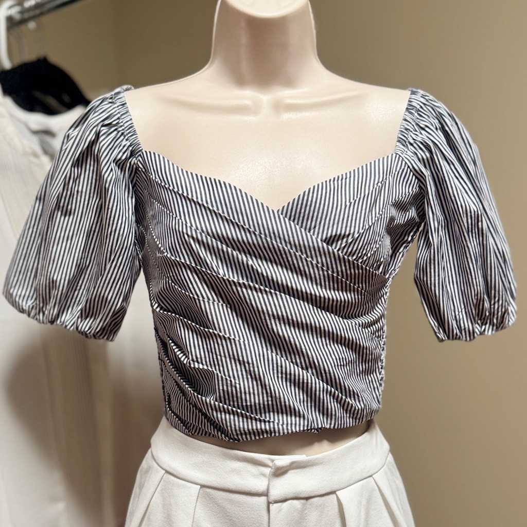 J. Crew Black And White Striped Puff Sleeve Blouse